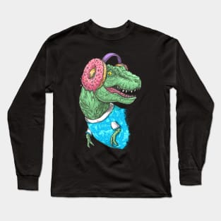 T-rex with headphones on black Long Sleeve T-Shirt